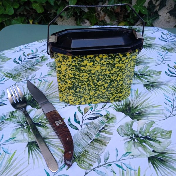 Gamelle vintage dans les tons de jaune et vert, complète