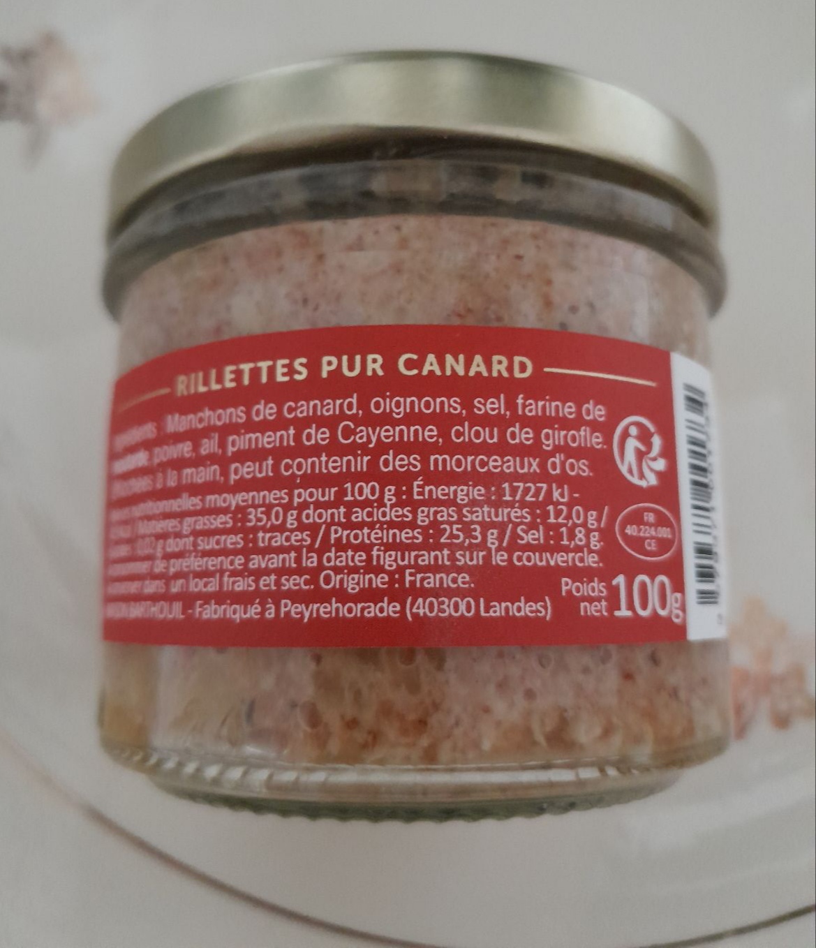 Ingrédients des rillettes de canard de la Maison Barthouil