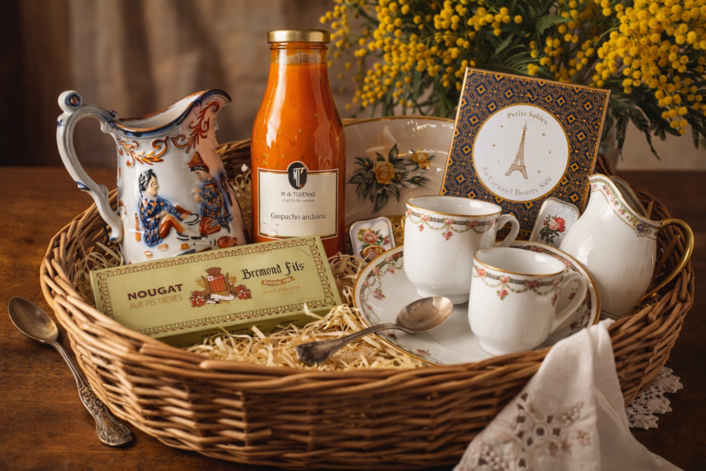 Panier gourmand chic avec objets vintage, porcelaine ancienne et produits gourmands de qualité issus du terroir