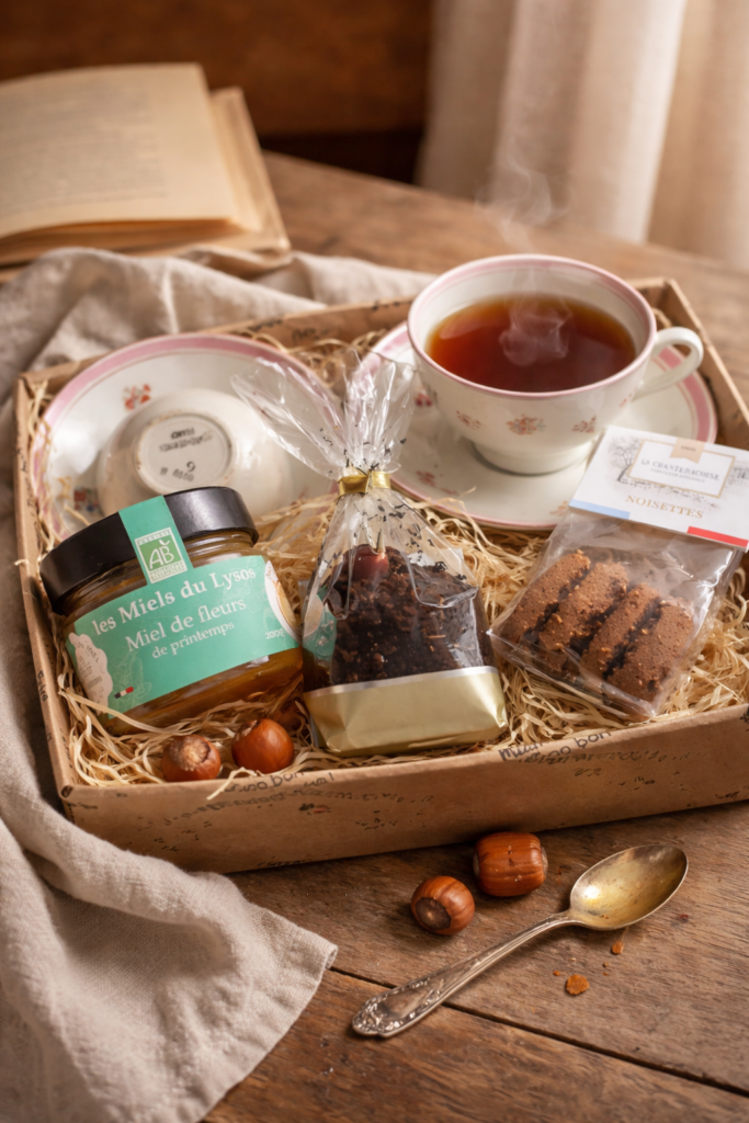 Présentation du panier rituel lecture, thé, douceur