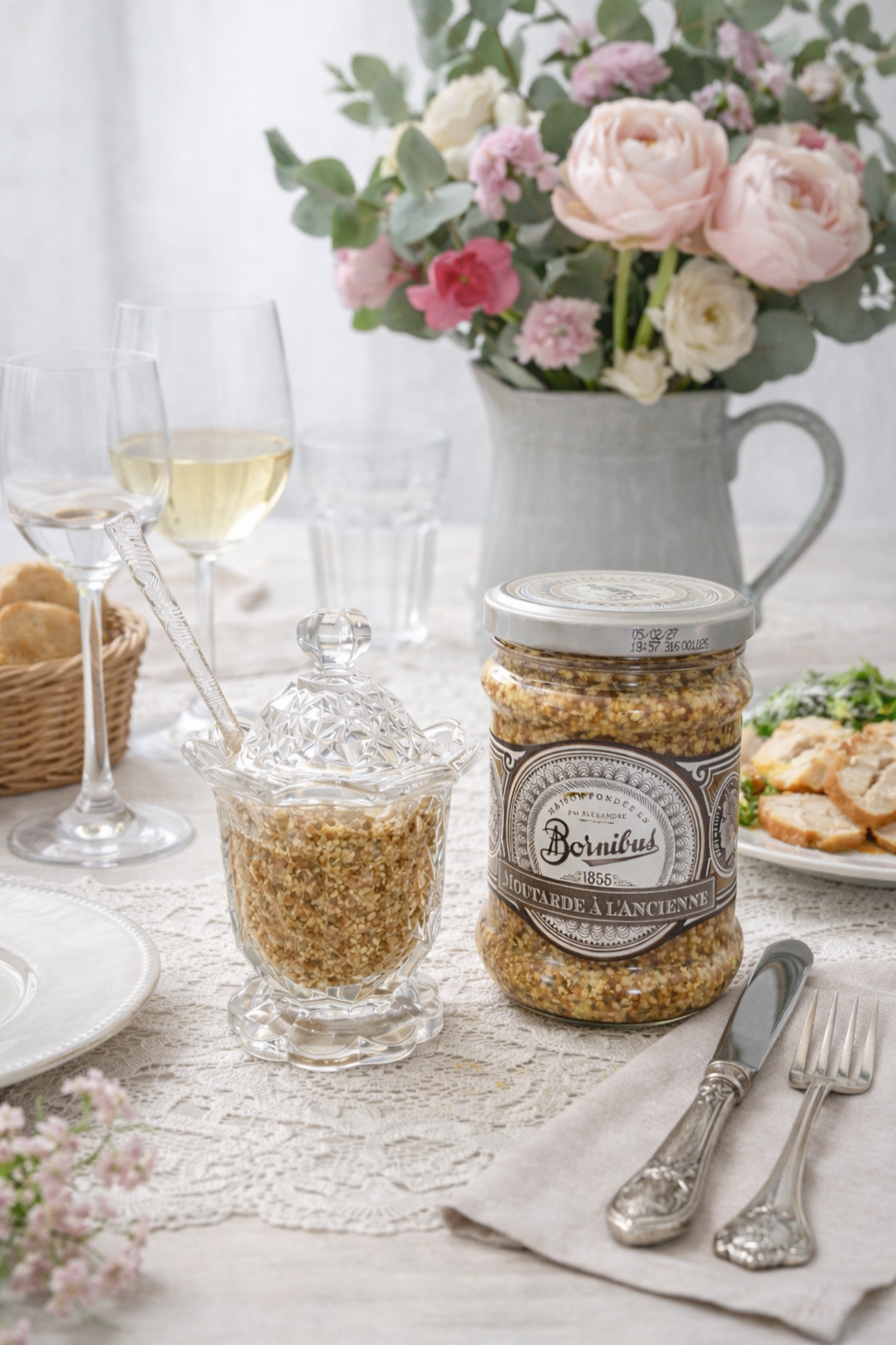 Moutardier en verre ancien avec cuillère et sa moutarde – Image 8