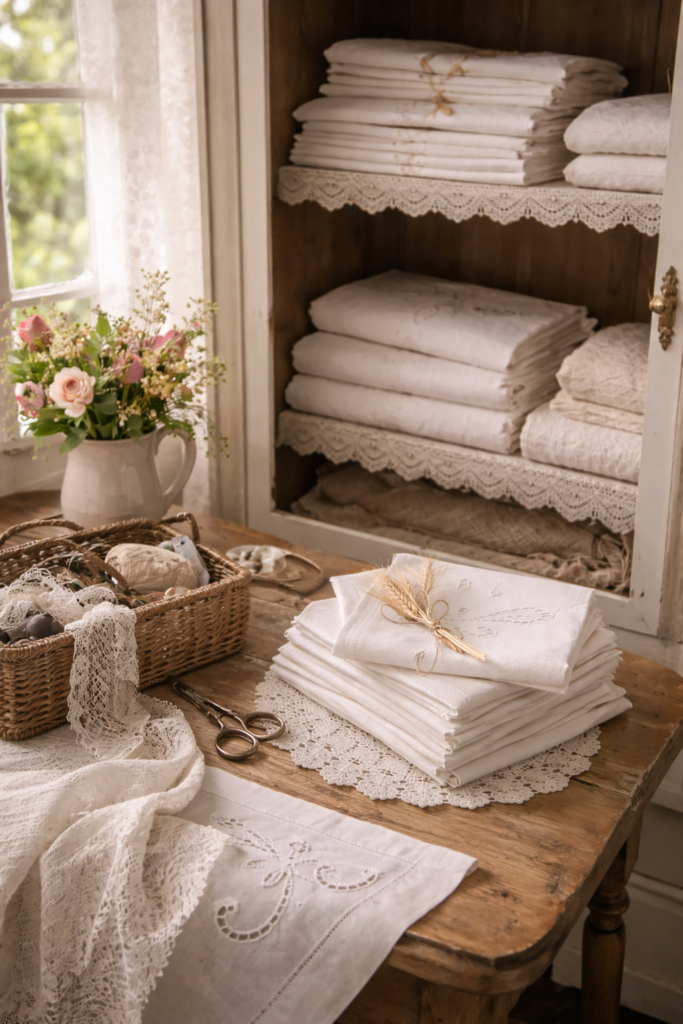 Description d'une lingerie où on retrouve tous les travaux effectués dans une armoire et du linge sur la table